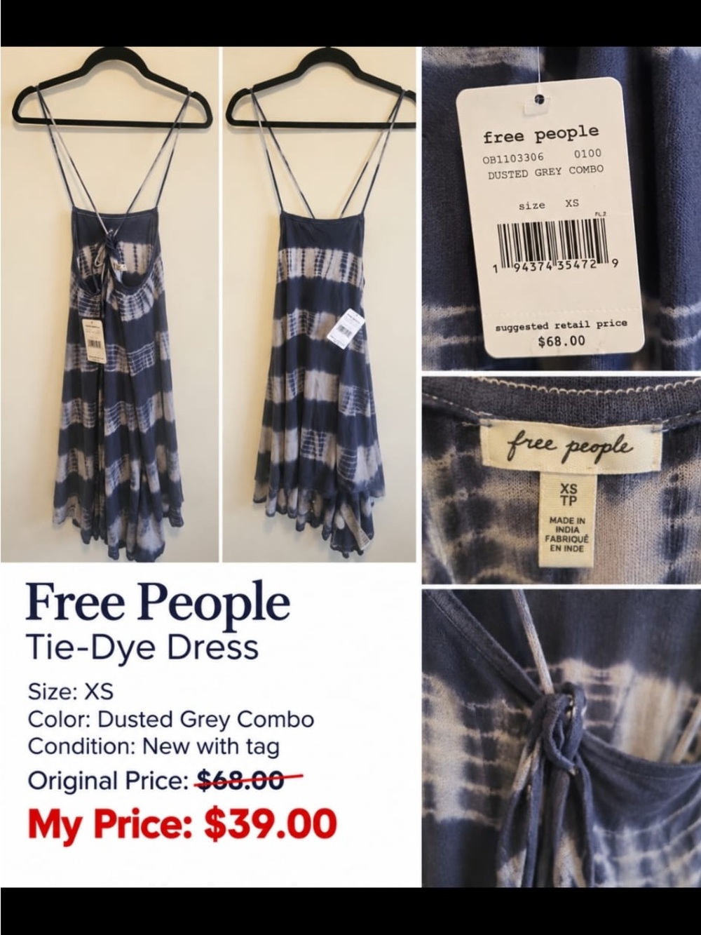 Free People Dusted Grey Combo Tie-Dye Slip Dress